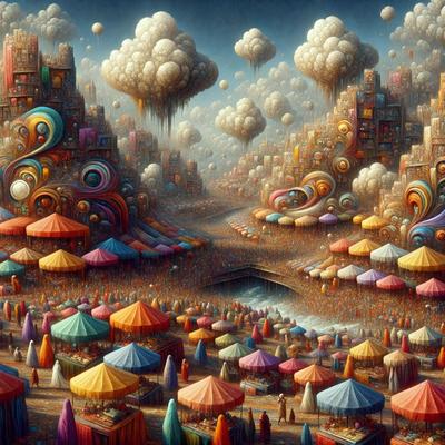 The primary subject of the image is a large, colorful painting of a cityscape. The setting is a vibrant, artistic representation of a city with a variety of buildings, umbrellas, and clouds. The visual style is a mix of digital art and illustration, creating a unique and captivating atmosphere. The colors and mood are predominantly bright and lively, with a sense of whimsy and creativity.